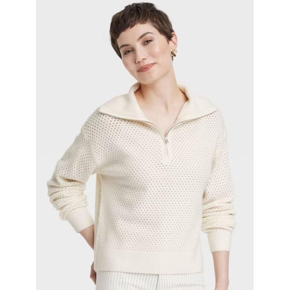Universal‎ Thread Cream Pointelle Quarter Zip Sweater Large NWT